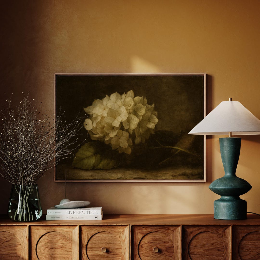 Vintage White Hydrangea Canvas Wall Art – Dark Botanical Still Life ...