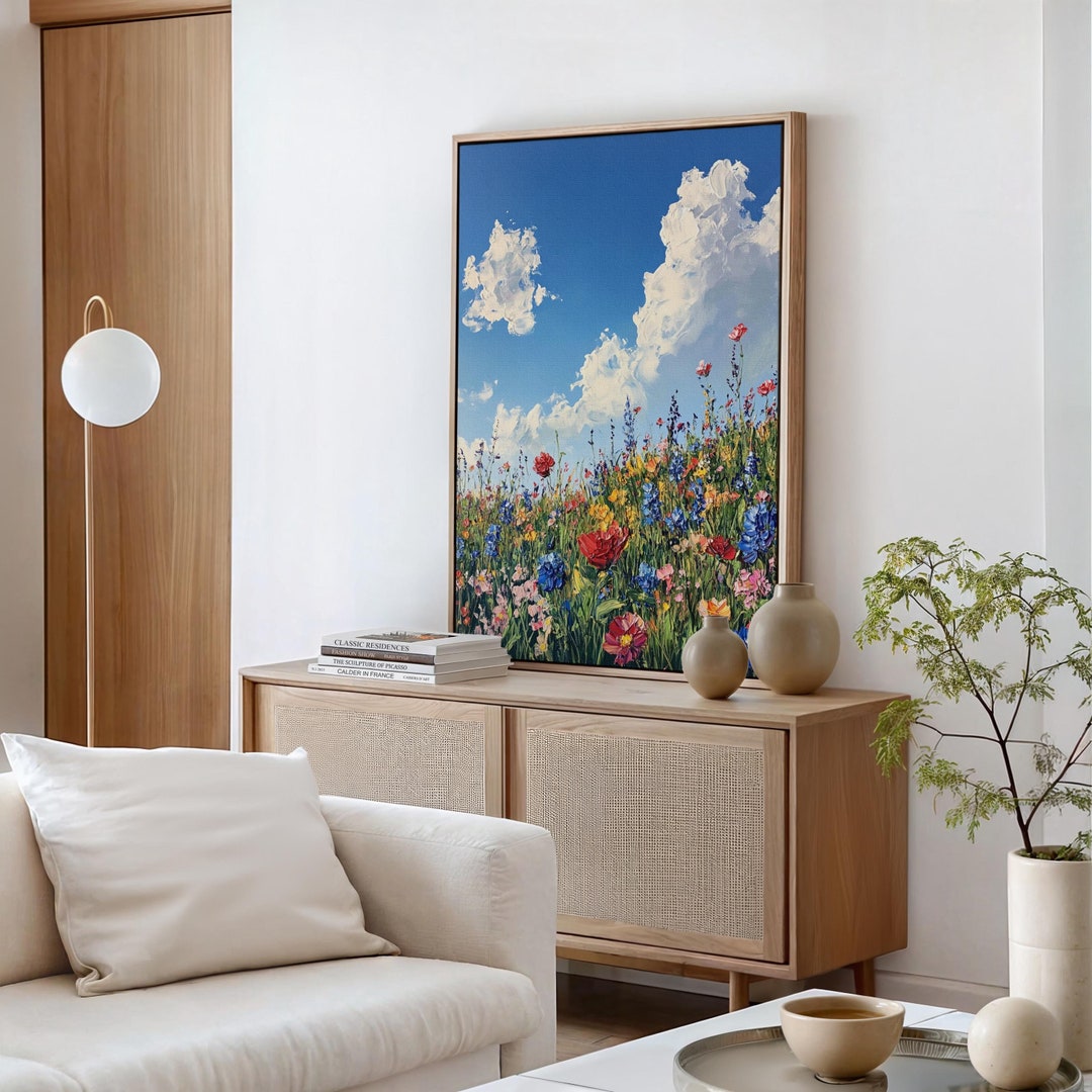 Colorful Wildflower Field Canvas - Vibrant Summer Meadow Under Blue Sky ...
