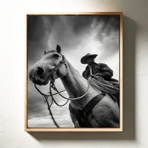 Cowboy and Horse Black and White Wall Art | Western Photography for Rustic Home Decor
