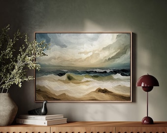 Ocean Wave Canvas Wall Art | Moody Seascape with Stormy Sky and Textured Brush Strokes in Coastal Oil Painting Style