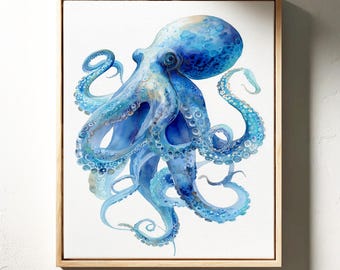 Arte mural oceánico con acuarela de pulpo azul