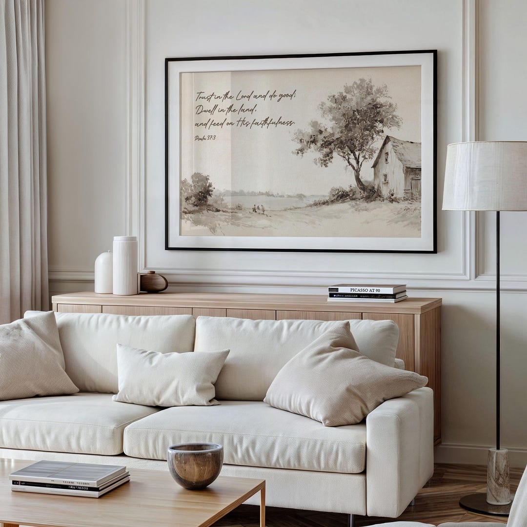 Rustic Scripture Paintings Psalm 37:3 Scripture Art | Rustic Farmhouse and Tree Watercolor Scene ...