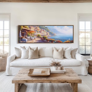 Italian Riviera Cafe Canvas, Mediterranean Seaside Wall Art, Amalfi Coast Painting, Coastal Europe Travel Decor