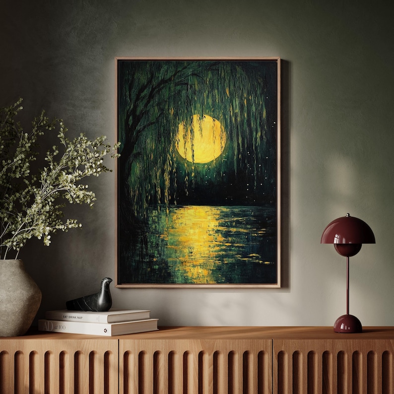 Mystical Moonlit Willow With Glowing Reflection: Tranquil Forest Night ...