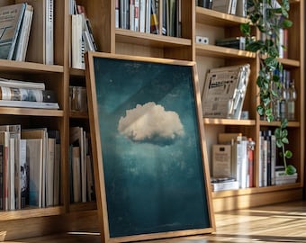 Lienzo minimalista de nubes: una sola nube blanca sobre un cielo azul verdoso. Decoración natural surrealista moderna para espacios tranquilos y de ensueño.