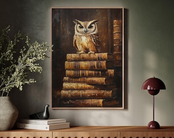 May include: A painting of an owl perched on a stack of old books. The owl has brown and white feathers and large, yellow eyes. The books are bound in leather and have gold lettering on the spines.