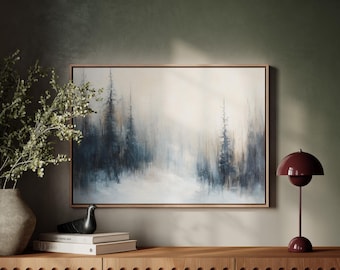 Snowy Winter Path Canvas Wall Art | Serene Pine Tree Forest Landscape | Neutral Blue Nordic Print | Minimal Christmas Cabin Decor