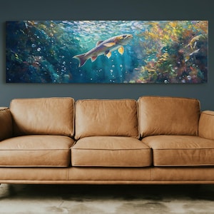 Rainbow Trout Wall Art, Underwater Fishing Decor, Rustic Cabin Artwork, Fly Fishing Canvas, Nature Wildlife Painting, Lake House Poster