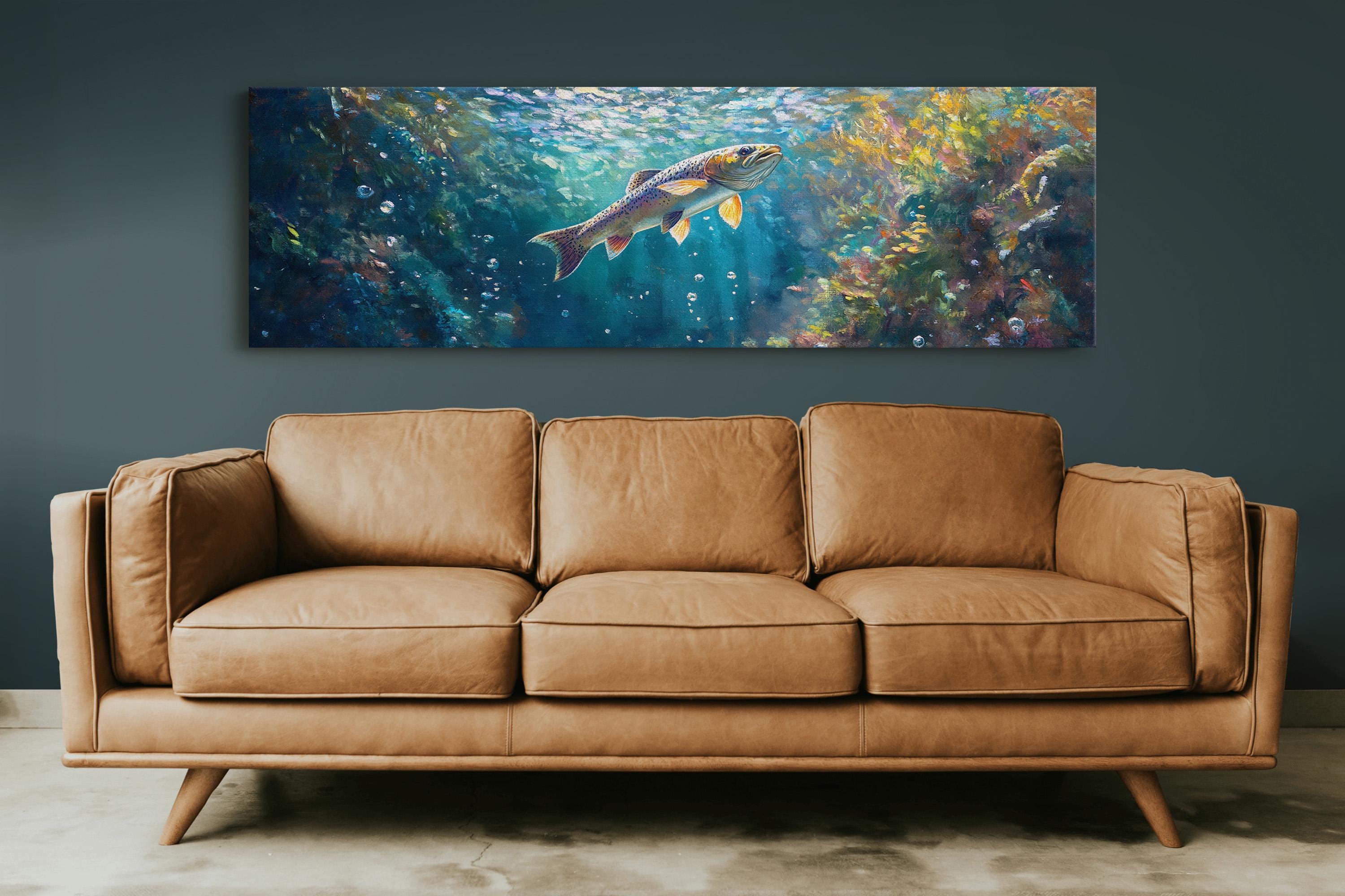 Oeuvre d'art murale truite arc-en-ciel, décoration de pêche sous-marine, oeuvre d'art de cabine rustique, toile de pêche à la mouche, peinture d'animaux sauvages, affiche maison du lac
