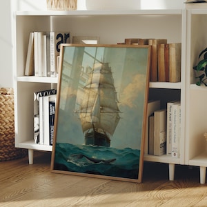 Tall Ship Canvas Wall Art with Whale | Nautical Ocean Painting | Vintage Sailing Ship Seascape Coastal Wall Decor