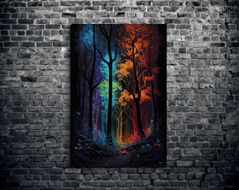 Rainbow Forest, Fantasy Forest, Colorful Art, Living Room Wall Art, Office Wall Art, Rainbow Spectrum, Canvas Wall Art, Mysterious Forest