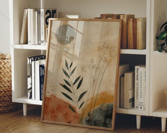 Modern abstrakt botanisk kanvastavla, minimalistisk växtsilhuettmålning, neutral bohemisk väggdekor, jordfärgad naturkonstverk