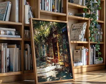 Paris Café Canvas Wall Art, Charming Outdoor Bistro Street Scene with Sunlit Tables and Chairs, Vintage European Coffee Shop Décor