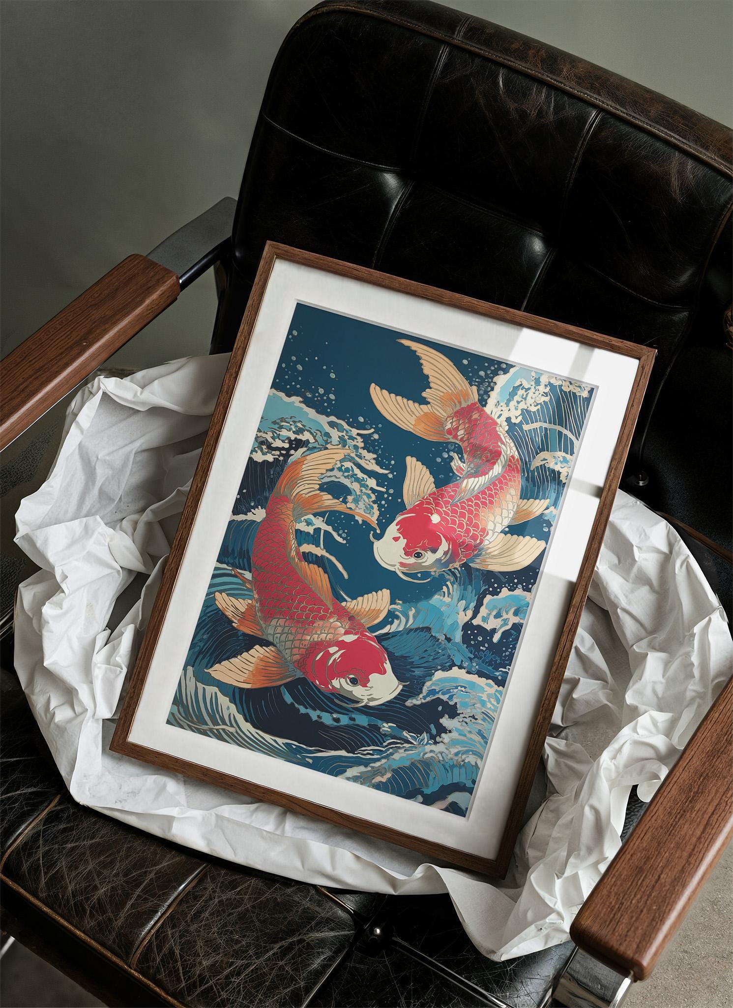 Japanese Koi Fish Wall Art, Red and Gold Koi Canvas, Ocean Wave ...