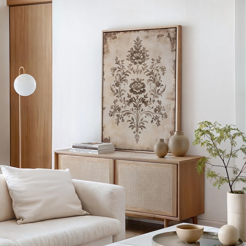Vintage Botanical Canvas Art, Antique Floral Pattern Wall Decor, Sepia ...