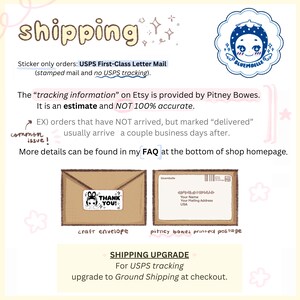 May include: An illustrated graphic about shipping details, including USPS First-Class Letter Mail for sticker orders. It features a craft envelope, Pitney Bowes printed postage, and a "Thank You!" sticker. The text also mentions shipping upgrades.