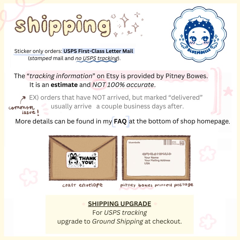 May include: An illustrated graphic about shipping details, including USPS First-Class Letter Mail for sticker orders. It features a craft envelope, Pitney Bowes printed postage, and a "Thank You!" sticker. The text also mentions shipping upgrades.