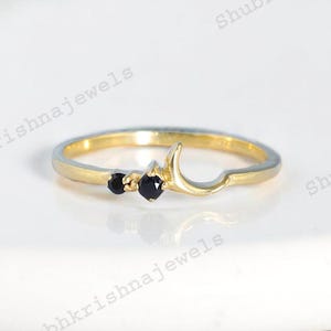 Black Diamond Moon Crescent Wedding Band 14K Gold Stacking Ring Stackable Rings Thin Gold Ring Handmade Fine Bridal Jewelry Gift For Her