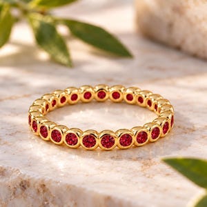 Solid 10K/14K Yellow Gold Ruby Ring, Ruby Wedding Band For Women With 2mm Stones in Full Eternity, Available in White Gold and Rose Gold