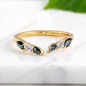 Anillo apilable curvo de ágata musgosa natural, alianza de media eternidad, anillo ajustable de ágata acuática de corte marquesa, regalo personalizado para mujer.