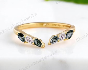 Natural Moss Agate Curved Stacking Band, Half Eternity Wedding Band Marquise Cut Aquatic Agate Adjustable Ring Personalized Gift For Women