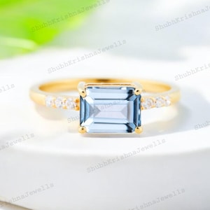 Blue Aquamarine 14K Solid Gold Ring/Engagement Ring For Women/Emerald Cut Aquamarine Ring/March Birthstone Ring/ Customized Gift For Her