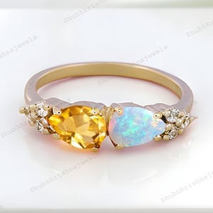 Elegant Fire Opal Citrine Promise Ring Diamond Cluster Wedding Ring Toi Et Moi Bridal Ring October Birthstone Jewelry Personalized Wife Gift