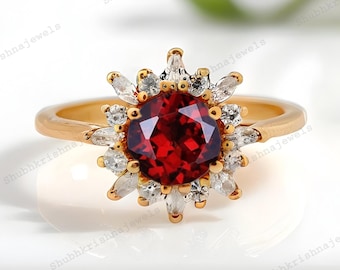 Red Garnet Engagement Ring 14K Yellow Gold Ring January Birthstone Gifts Personalized Custom Anniversary Ring For Wife Statement Gold Ring