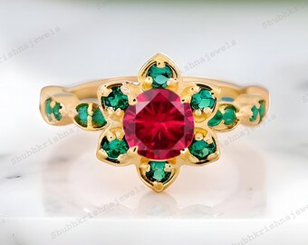 Elegant Floral Ruby Engagement Ring Green Emerald Halo Ring Emerald Stacking Ring Unique Flower Design Ring July Birthstone Bridesmaid Gifts