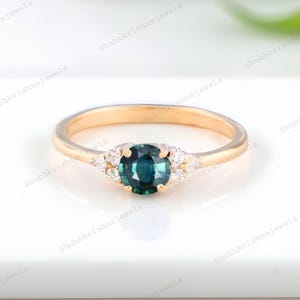 Vintage Teal Sapphire Engagement Ring Unique Round Cut Solid 14k Gold Ring Blue Green Sapphire Ring Diamond Wedding Promise Ring For Wife