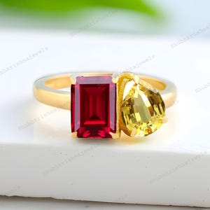 Ruby Citrien Cluster Ring Massief Geelgouden Verlovingsring Toi Et Moi Promise Edelsteen Geschenken Aangepaste Jubileum Gouden Ring Kostbare Ring