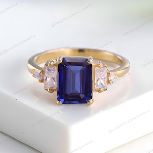 Emerald cut Sapphire Engagement Ring, Dainty Diamond Bridal Ring, Baguette Diamond Wedding Ring, Anniversary Promise Ring, Gift For Women