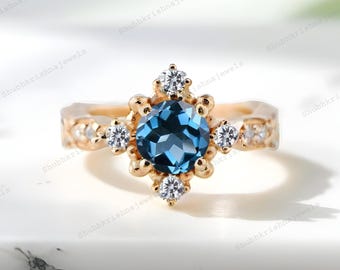 Round London Blue Topaz Ring Vintage Gold Plated Floral Promise Ring Art Deco November Birthstone Ring CZ Promise Anniversary Gift for Women
