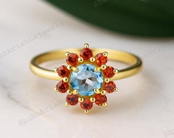 Antique Floral Shape Aquamarine Ring Unique Garnet Halo Engagement Ring 18K Gold Healing Crystal Statement Jewelry Anniversary Birthday Gift