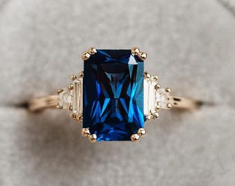 Smaragd geschnitten Saphir Verlobungsring, zierliche Diamant Brautring, Baguette Diamant Ehering, Jubiläum Versprechen Ring, Geschenk für Frauen