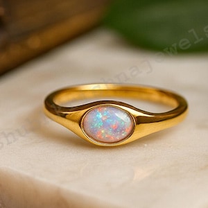 Natural Opal Ring, Vintage Opal Band, Opal Wedding Band, Rose Gold Opal Ring, Dainty Opal Ring, October Birthstone Ring, Matching Band Ring