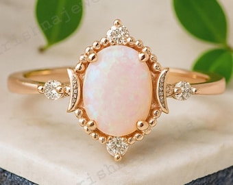 Vintage Opal Crescent Moon Ring 14K Rose Gold Bridal Engagement Ring Diamond Promise Ring Delicate Moon Jewlery October Birthstone Gifts