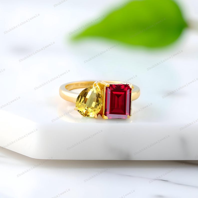 Rubin Citrin Cluster Ring Gelbgold Verlobungsring Toi Et Moi Versprechen Edelstein Geschenke Angepasst Jubiläum Goldring Kostbarer Ring Bild 4