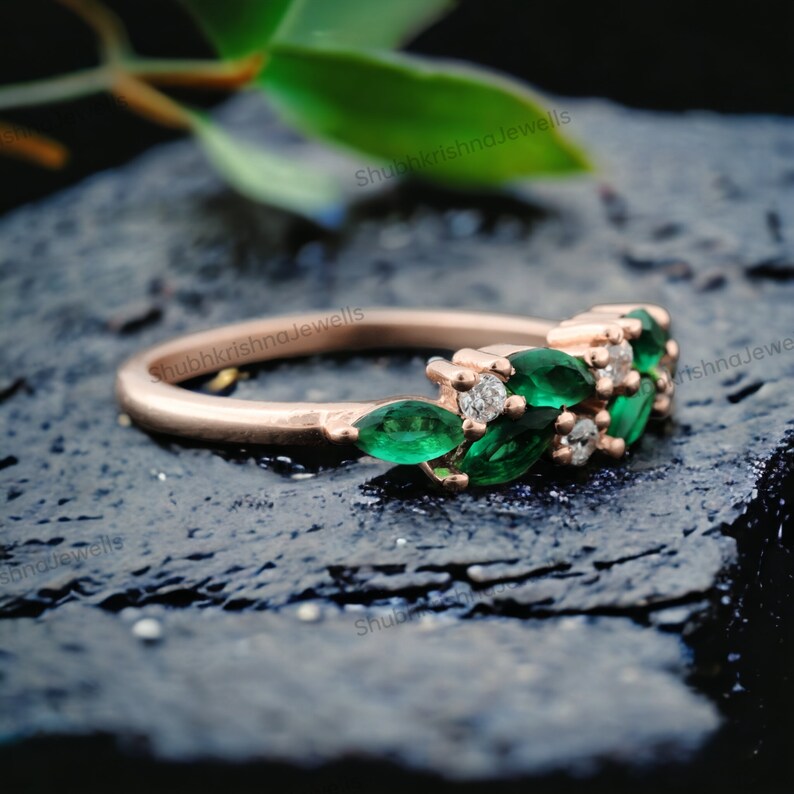 Vintage Emerald Wedding Band 14K Yellow Gold Band Marquise May ...