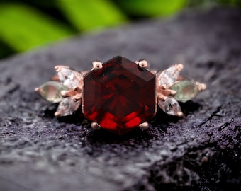 Vintage Red Garnet Bridal Ring Hexagon Cut Garnet Engagement Ring 18K Rose Gold Moss Agate Cluster Ring Handmade Jewelry Personalized Gifts