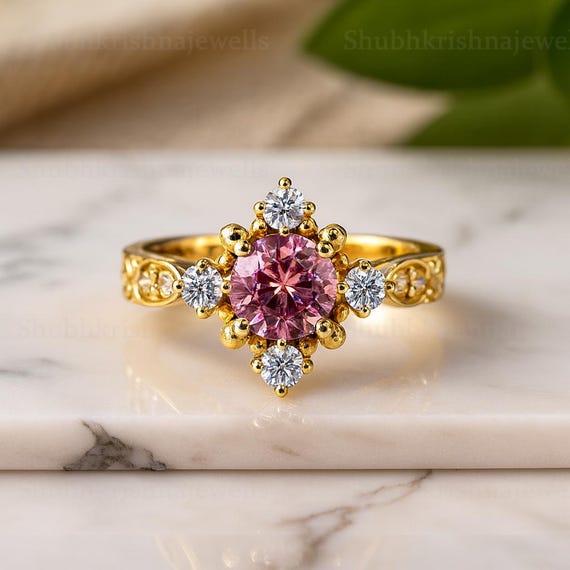 Precious 10k Yellow Gold Promise Ring - Pink CZ Heart & White Topaz Side Stones - View #2