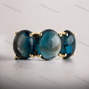 Vintage London Blue Topaz Ring 14k Gold Topaz Wedding Ring Anniversary Gift For Wife Topaz Cabochon Classic Rings Art Deco Cluster Jewelry