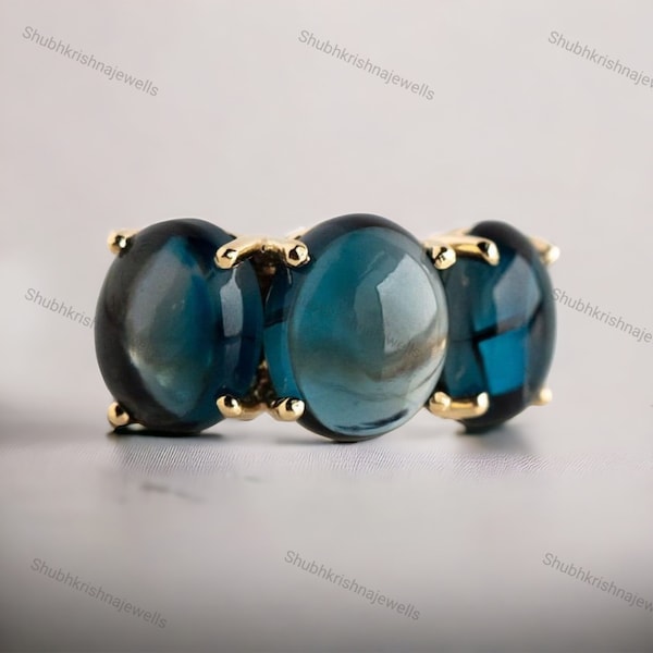 Vintage London Blue Topaz Ring 14k Gold Topaz Wedding Ring Anniversary Gift For Wife Topaz Cabochon Classic Rings Art Deco Cluster Jewelry