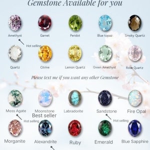 K&ouml;nnte beinhalten: Diagramm der Edelsteinoptionen f&uuml;r Schmuck, darunter Amethyst, Granat, Peridot, blauer Topas, Rauchquarz, Quarz, Citrin, Zitronenquarz, gr&uuml;ner Amethyst, Rosenquarz, Moosachat, Mondstein, Labradorit, Sandstein, Feueropal, Morganit, Alexandrit, Rubin, Smaragd und blauer Saphir. Einige Edelsteine sind als "hei&szlig; verkaufte" oder "bestseller" gekennzeichnet.