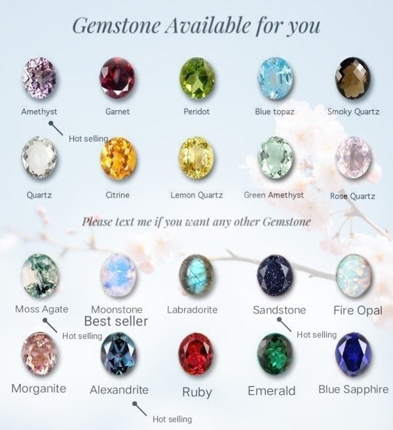 K&ouml;nnte beinhalten: Diagramm der Edelsteinoptionen f&uuml;r Schmuck, darunter Amethyst, Granat, Peridot, blauer Topas, Rauchquarz, Quarz, Citrin, Zitronenquarz, gr&uuml;ner Amethyst, Rosenquarz, Moosachat, Mondstein, Labradorit, Sandstein, Feueropal, Morganit, Alexandrit, Rubin, Smaragd und blauer Saphir. Einige Edelsteine sind als "hei&szlig; verkaufte" oder "bestseller" gekennzeichnet.