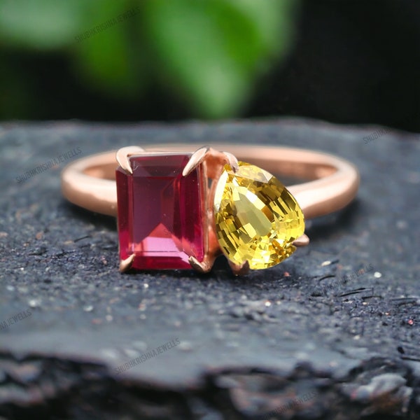 Elegant Pink Ruby Promise Ring Pear Cut Citrine Engagement Ring Toi Et Moi Couple Ring Yellow Gemstone Jewelry Personalize Ring Gift For Her