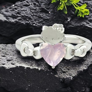 Kitty geïnspireerde ring Hello Cute Kitty Rozenkwarts ring Japanse cartoon nieuwigheid ring 925 zilveren Kitty ring dierenliefhebber sieraden cadeau voor liefde