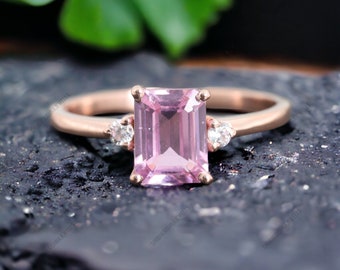 Emerald Cut Pink Sapphire Bridal Ring Diamond Wedding Ring Art Deco Proposal Ring Three Stone Ring Delicate Bridesmaid Jewelry Birthday Gift