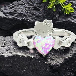 Kitty geïnspireerde ring, Hello Cute Kitty roze opaal ring Japanse cartoon nieuwigheid ring 925 zilveren kitty ring dierenliefhebber sieraden kattenliefhebber cadeau
