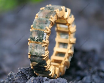Baguette Cut Moss Agate Ring Full Eternity Wedding Band Unique Art Deco Stacking Band Women Matching Jewelry Agate Anniversary Gift For Wife